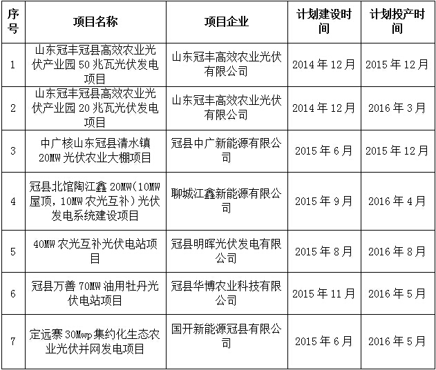 冠县重点太阳能光伏发电项目建设计划表