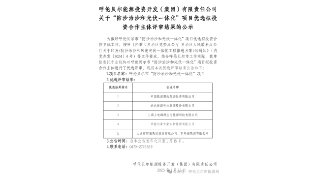 呼伦贝尔能源集团1.4GW光伏治沙项目优选：中国能建、运达、华能等入选