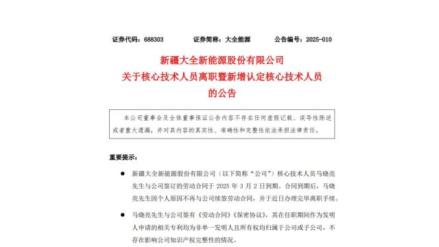 大全能源核心技术人员离任！