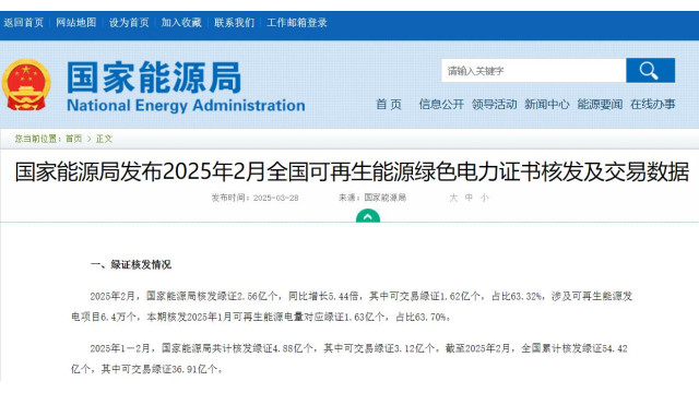 国家能源局：2025年1-2月核发太阳能发电绿证8340个