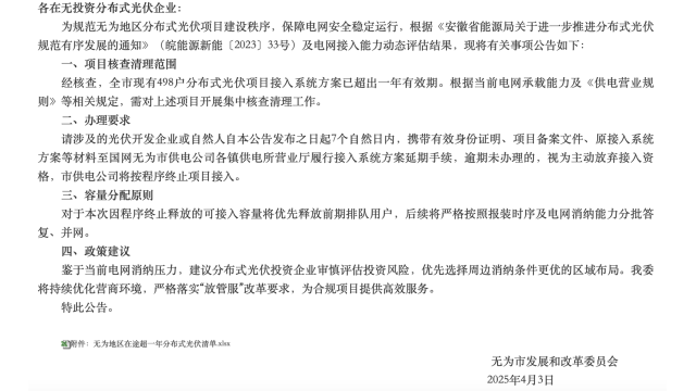 安徽一地清理498个户用光伏项目