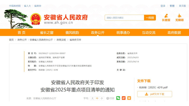 安徽省2025年重点项目清单发布