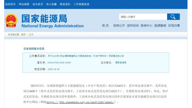 國家能源局：3月全國新增建檔立卡新能源發電項目共4455個，光伏4408個