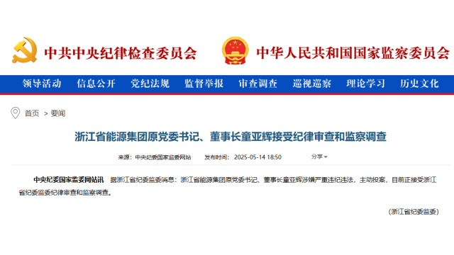 浙能集团原党委书记、董事长童亚辉主动投案
