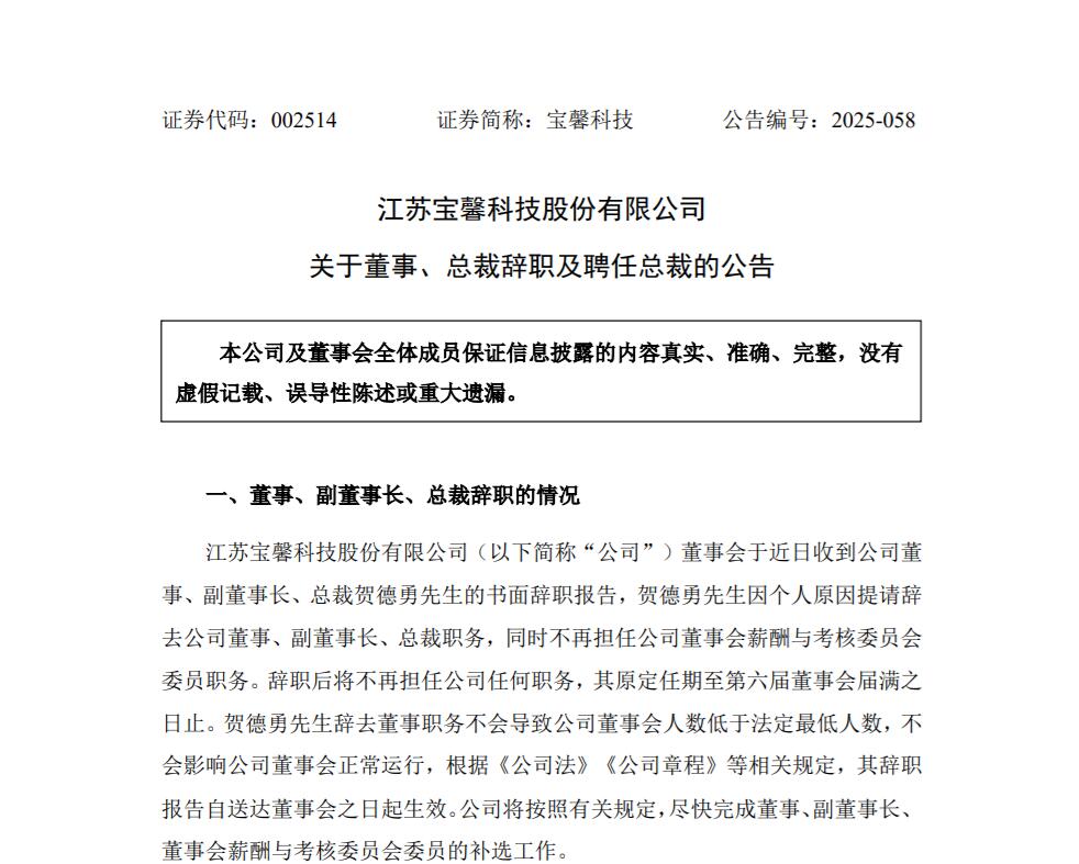 宝馨科技总裁贺德勇辞职