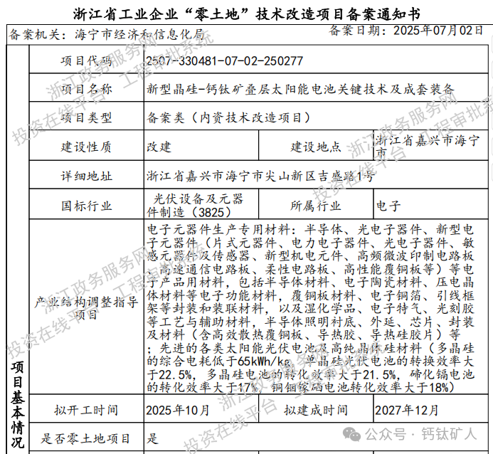 3.8亿！浙江海宁钙钛矿/晶硅叠层电池项目获备案！