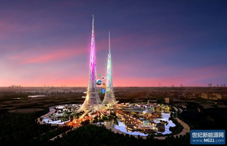 根据设计,两座塔之间将会悬浮3个巨大的球体,它们代表着围绕双塔运行的“行星”。 根据设计,两座塔之间将会悬浮3个巨大的球体,它们代表着围绕双塔运行的“行星”。