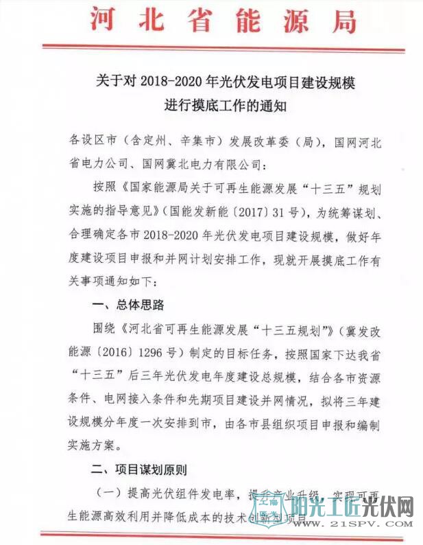 河北省能源局 关于对2018-2020年光伏发电项目建设规模进行摸底工作的通知