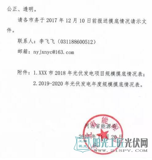 河北省能源局 关于对2018-2020年光伏发电项目建设规模进行摸底工作的通知