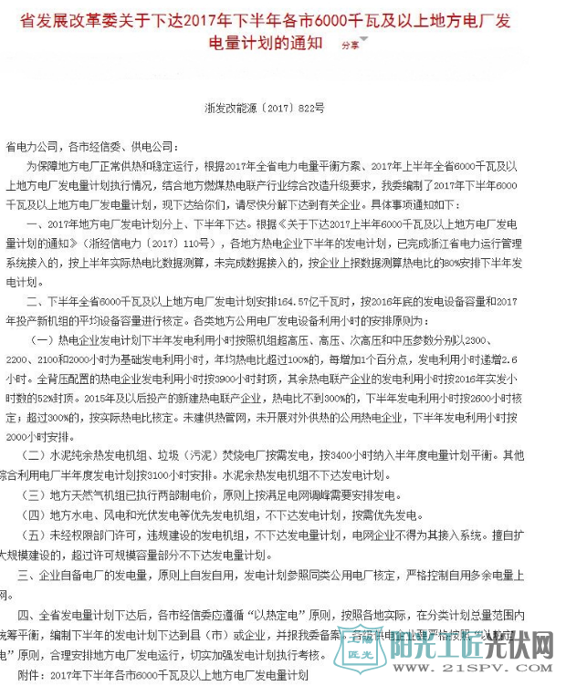 浙发改能源[2017]822号 关于下达2017年下半年各市6000千瓦及以上地方电厂发电量计划的通知
