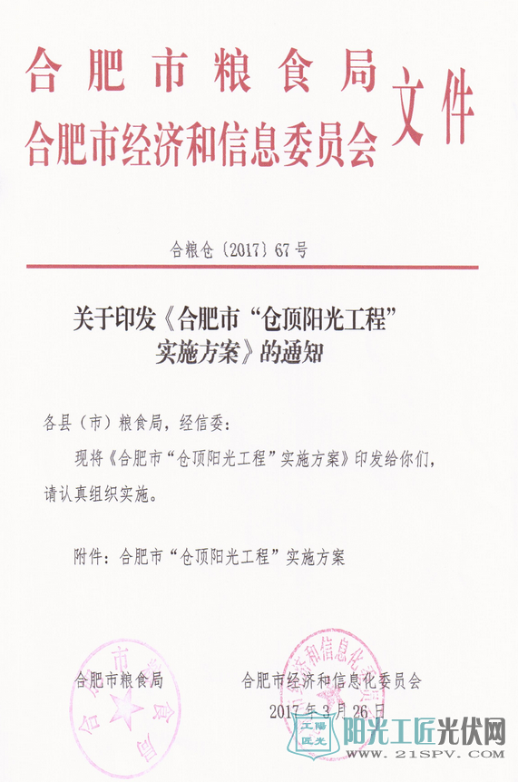 合粮仓[2017]67号 关于印发《合肥市“仓顶阳光工程”实施方案》的通知