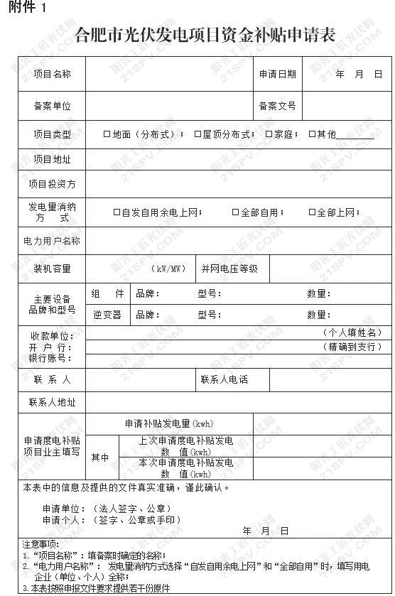 合肥市光伏发电项目度电补贴申请表