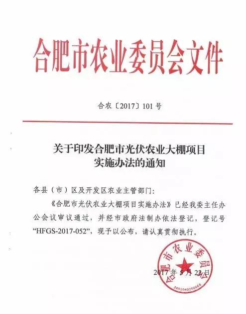 合肥农委印发《光伏农业大棚实施办法》 最高50万奖励