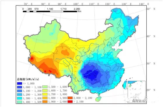 全国水平面太阳总辐射图