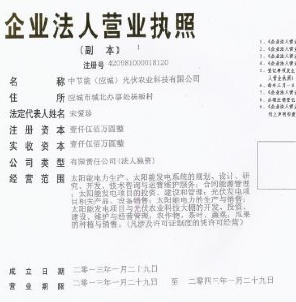 中节能成立应城光伏农业子公司
